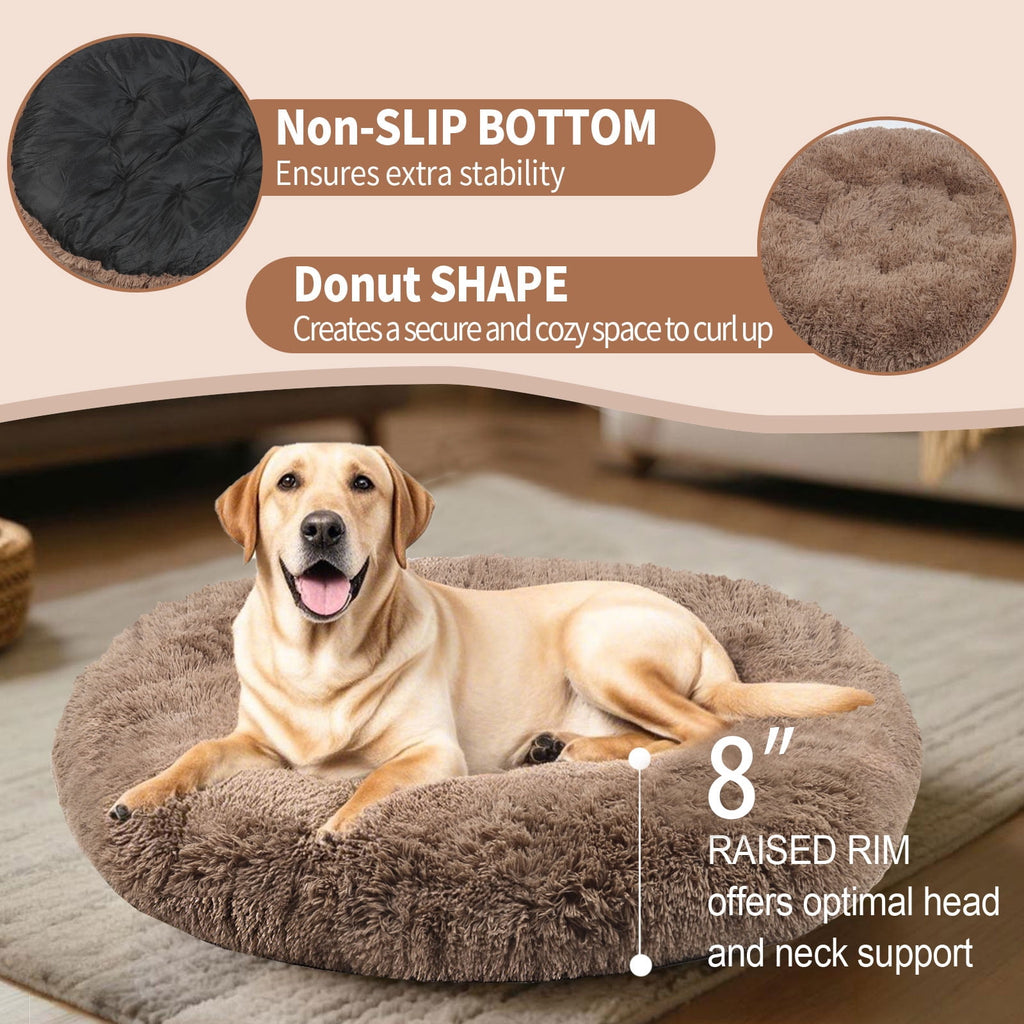 Katieovy Large Fluffy Calming Donut Dog Bed 40 Inch Washable Khaki