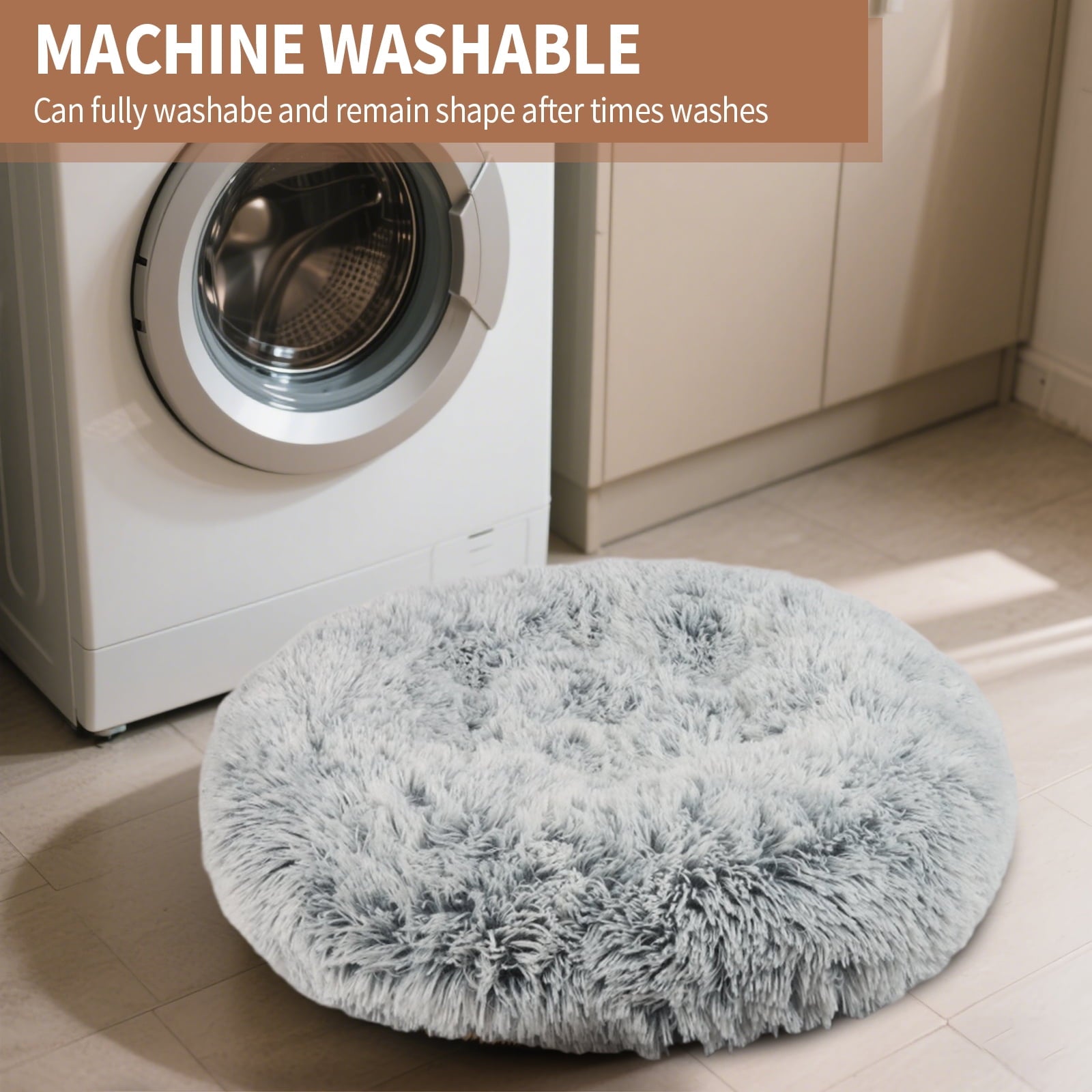 Katieovy Large Fluffy Calming Donut Dog Bed 40 Inch Washable Khaki