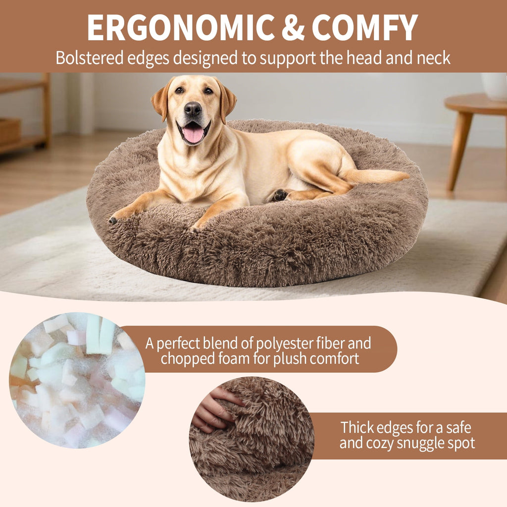 Katieovy Large Fluffy Calming Donut Dog Bed 40 Inch Washable Khaki