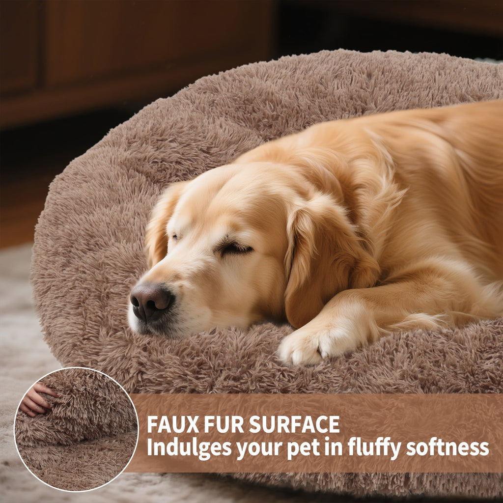 Katieovy Large Fluffy Calming Donut Dog Bed 40 Inch Washable Khaki