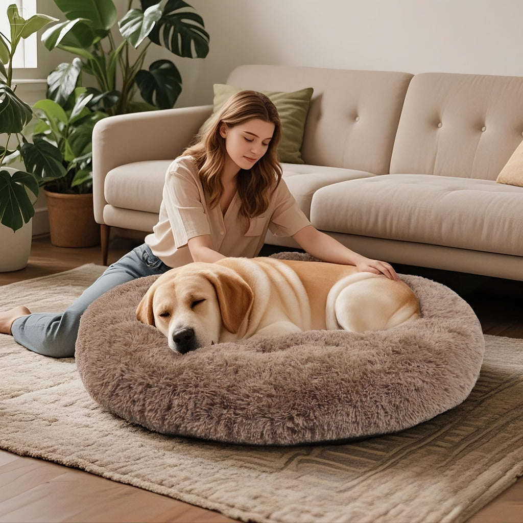 Katieovy Large Fluffy Calming Donut Dog Bed 40 Inch Washable Khaki