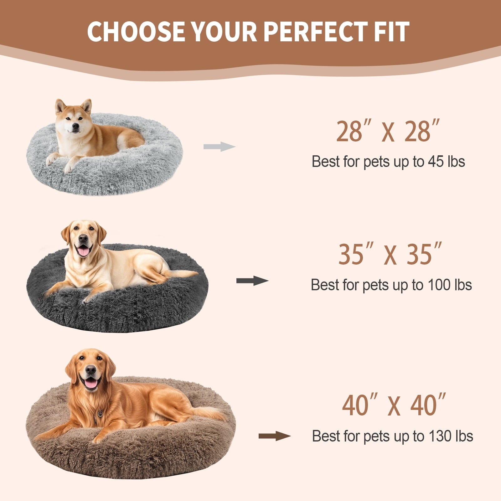 Katieovy Large Fluffy Calming Donut Dog Bed 40 Inch Washable Khaki
